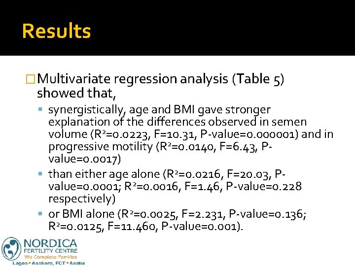 Results �Multivariate regression analysis (Table 5) showed that, synergistically, age and BMI gave stronger