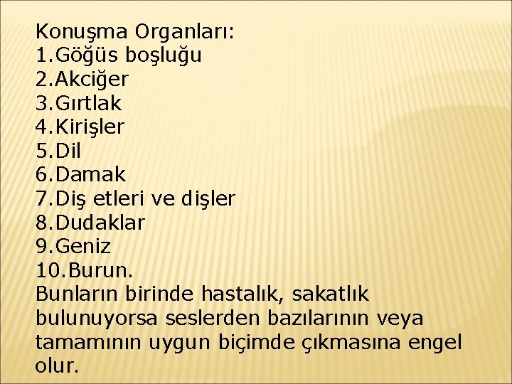 Konuşma Organları: 1. Göğüs boşluğu 2. Akciğer 3. Gırtlak 4. Kirişler 5. Dil 6.