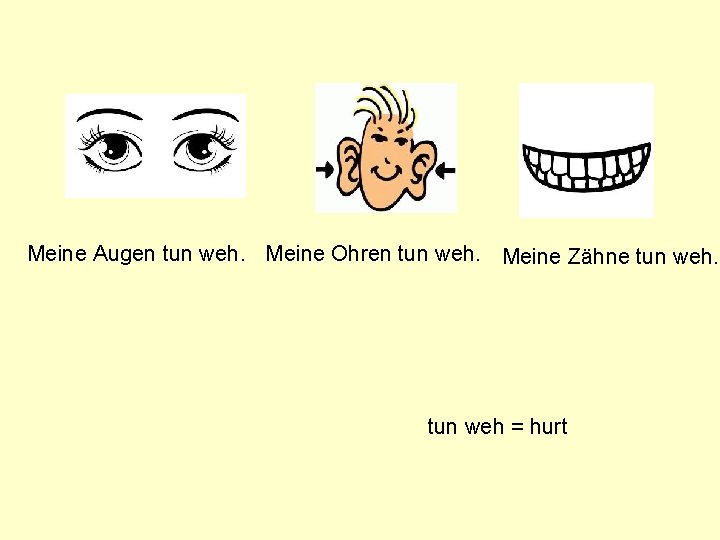 Meine Augen tun weh. Meine Ohren tun weh. Meine Zähne tun weh = hurt