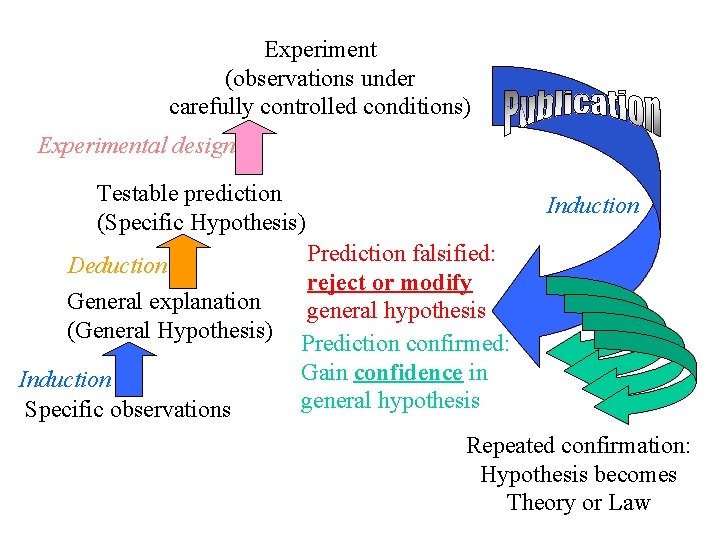 Experiment (observations under carefully controlled conditions) Experimental design Testable prediction (Specific Hypothesis) Deduction General