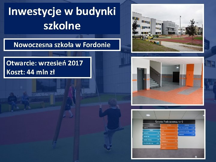 Inwestycje w budynki szkolne Nowoczesna szkoła w Fordonie Otwarcie: wrzesień 2017 Koszt: 44 mln