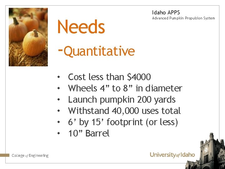 Idaho APPS Needs -Quantitative • • • Advanced Pumpkin Propulsion System Cost less than