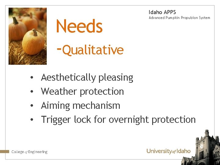 Idaho APPS Needs -Qualitative • • Advanced Pumpkin Propulsion System Aesthetically pleasing Weather protection