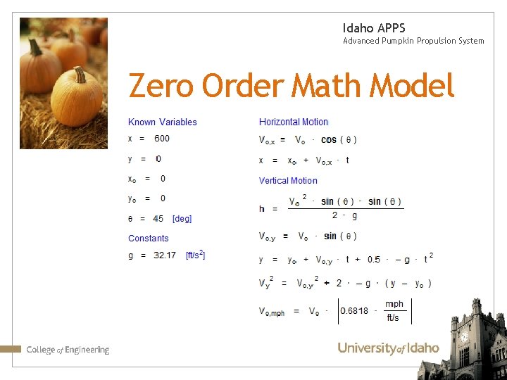 Idaho APPS Advanced Pumpkin Propulsion System Zero Order Math Model 