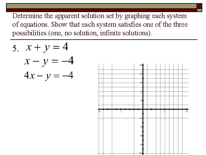 Determine the apparent solution set by graphing each system of equations. Show that each Determine the apparent solution set by graphing each system of equations. Show that each