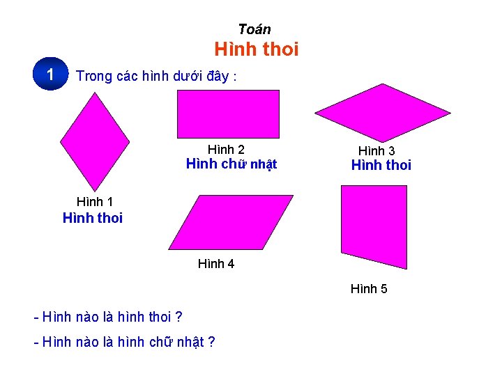 Toán Hình thoi 1 Trong các hình dưới đây : Hình 2 Hình chữ