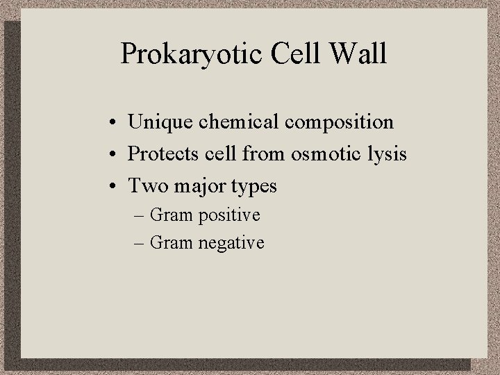 Prokaryotic Cell Wall • Unique chemical composition • Protects cell from osmotic lysis •