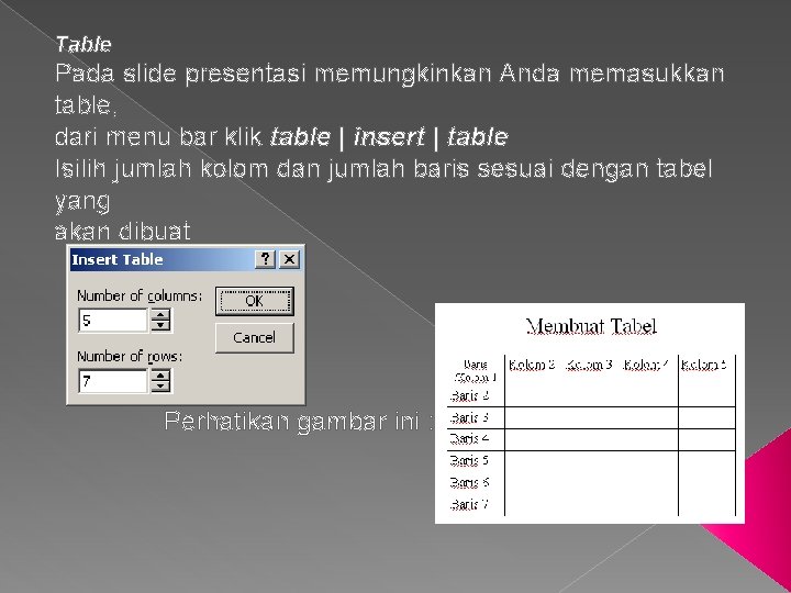 Table Pada slide presentasi memungkinkan Anda memasukkan table, dari menu bar klik table |