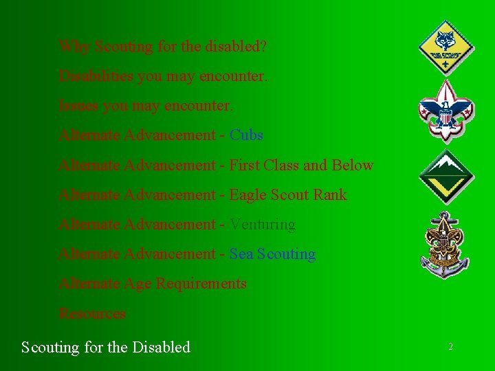 Why Scouting for the disabled? Disabilities you may encounter. Issues you may encounter. Alternate