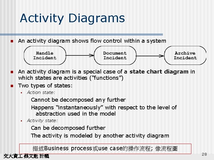 Activity Diagrams n An activity diagram shows flow control within a system n An