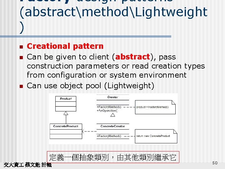 Factory design patterns (abstractmethodLightweight ) n n n Creational pattern Can be given to