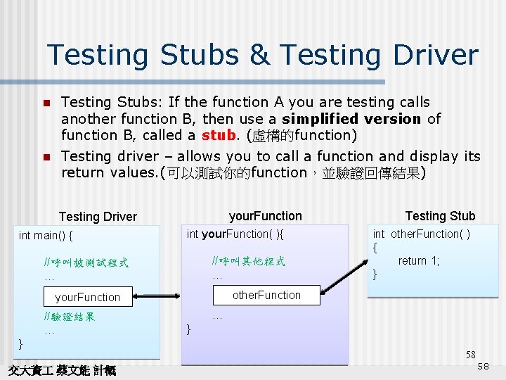 Testing Stubs & Testing Driver n n Testing Stubs: If the function A you