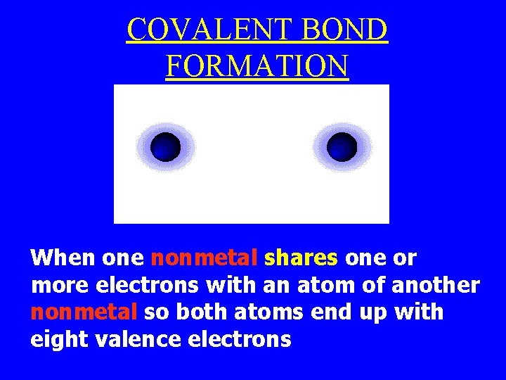COVALENT BOND FORMATION When one nonmetal shares one or more electrons with an atom