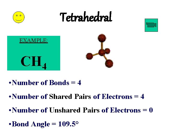 Tetrahedral EXAMPLE: CH 4 • Number of Bonds = 4 • Number of Shared