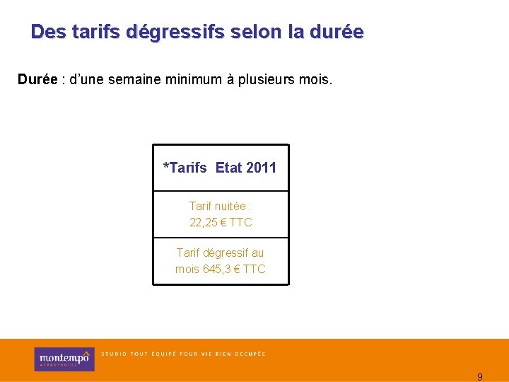 Des tarifs dégressifs selon la durée Durée : d’une semaine minimum à plusieurs mois.