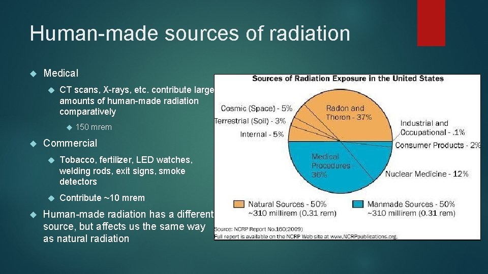 Human-made sources of radiation Medical CT scans, X-rays, etc. contribute large amounts of human-made