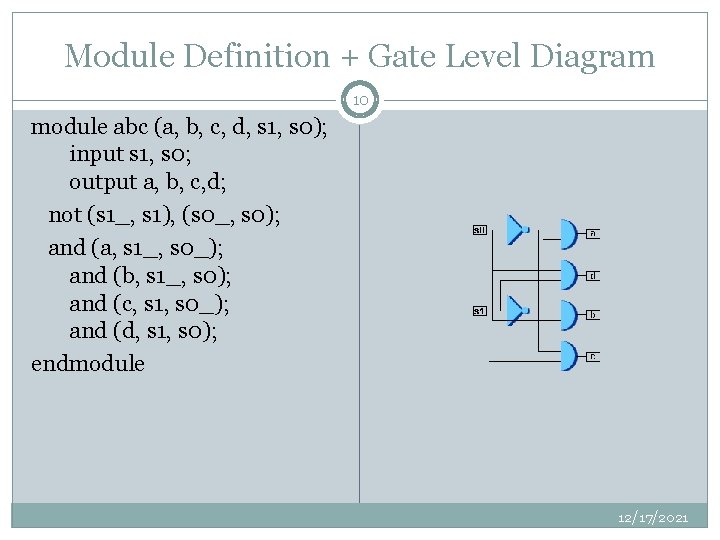 Module Definition + Gate Level Diagram 10 module abc (a, b, c, d, s