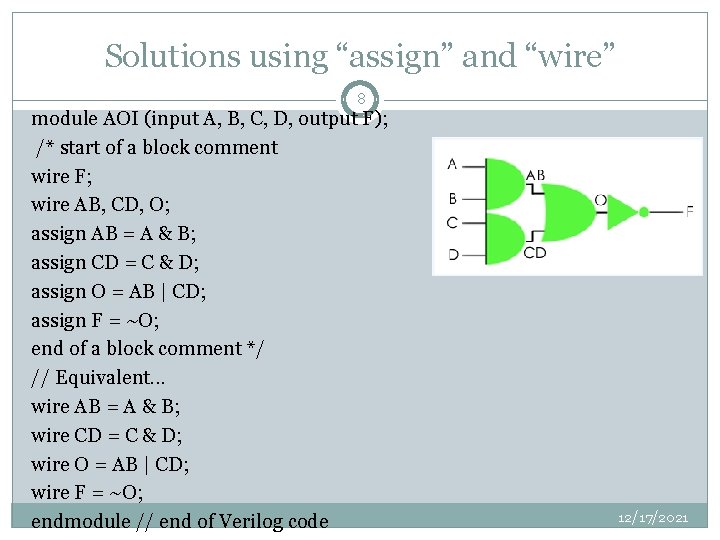 Solutions using “assign” and “wire” 8 module AOI (input A, B, C, D, output