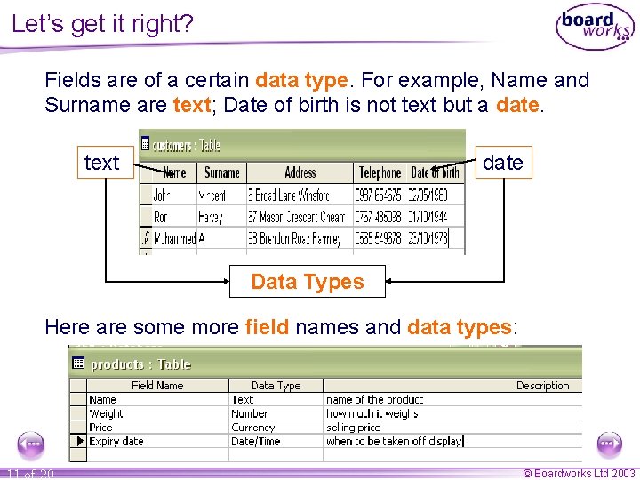 Let’s get it right? Fields are of a certain data type. For example, Name