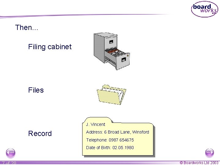 Then… Filing cabinet Files J. Vincent Record Address: 6 Broad Lane, Winsford Telephone: 0987