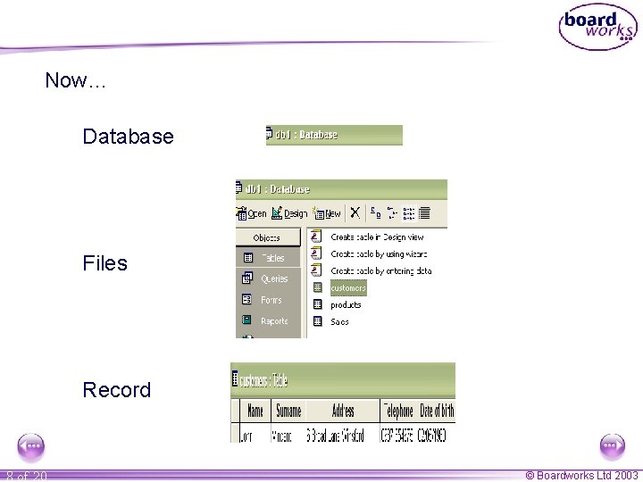 Now… Database Files Record 8 of 20 © Boardworks Ltd 2003 