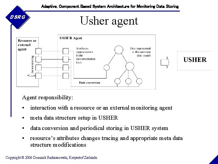 Adaptive, Component Based System Architecture for Monitoring Data Storing DSRG Usher agent Agent responsibility: