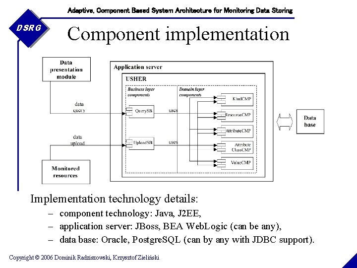 Adaptive, Component Based System Architecture for Monitoring Data Storing DSRG Component implementation Implementation technology