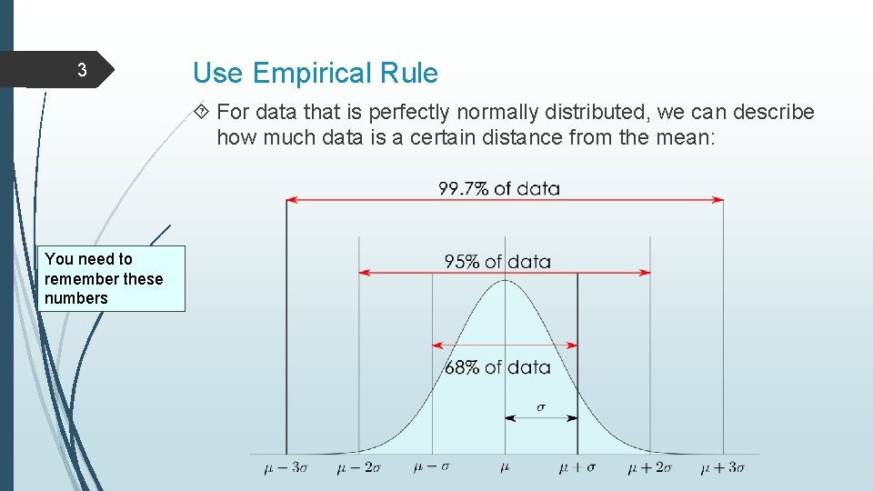 3 Use Empirical Rule For data that is perfectly normally distributed, we can describe