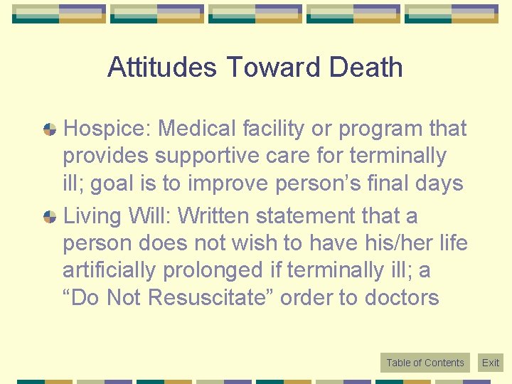 Attitudes Toward Death Hospice: Medical facility or program that provides supportive care for terminally