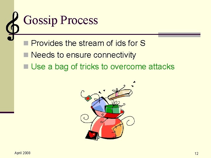 Gossip Process n Provides the stream of ids for S n Needs to ensure