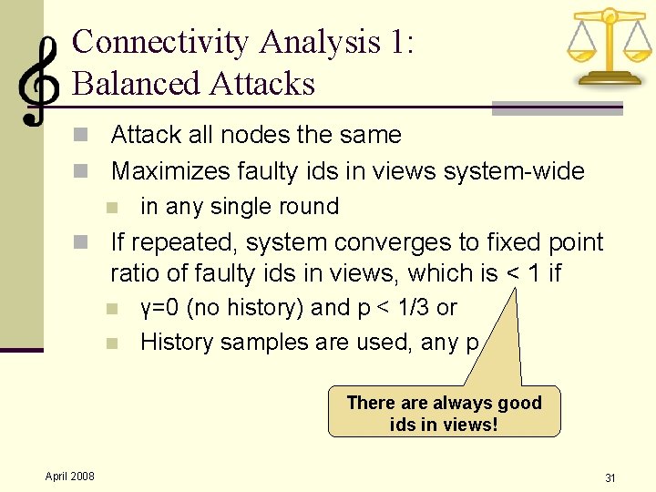 Connectivity Analysis 1: Balanced Attacks n Attack all nodes the same n Maximizes faulty
