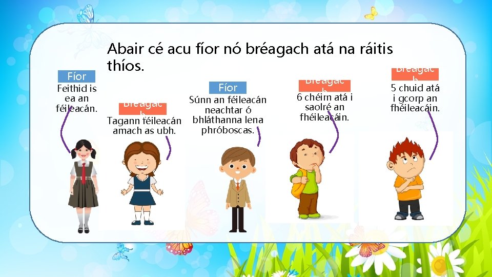 Fíor Feithid is ea an féileacán. Abair cé acu fíor nó bréagach atá na