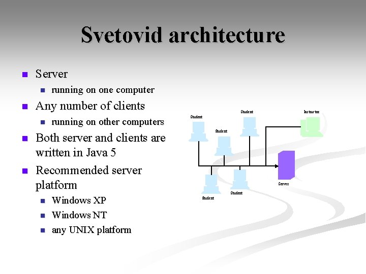 Svetovid architecture n Server n n Any number of clients n n n running