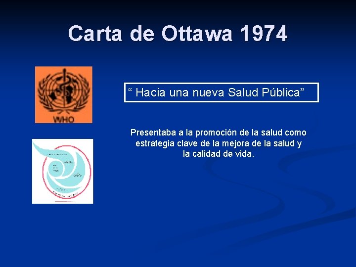 Carta de Ottawa 1974 “ Hacia una nueva Salud Pública” Presentaba a la promoción