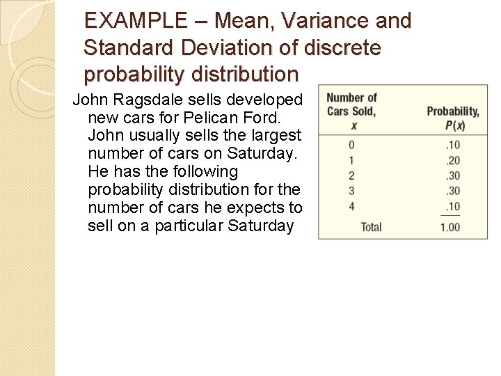 EXAMPLE – Mean, Variance and Standard Deviation of discrete probability distribution John Ragsdale sells EXAMPLE – Mean, Variance and Standard Deviation of discrete probability distribution John Ragsdale sells