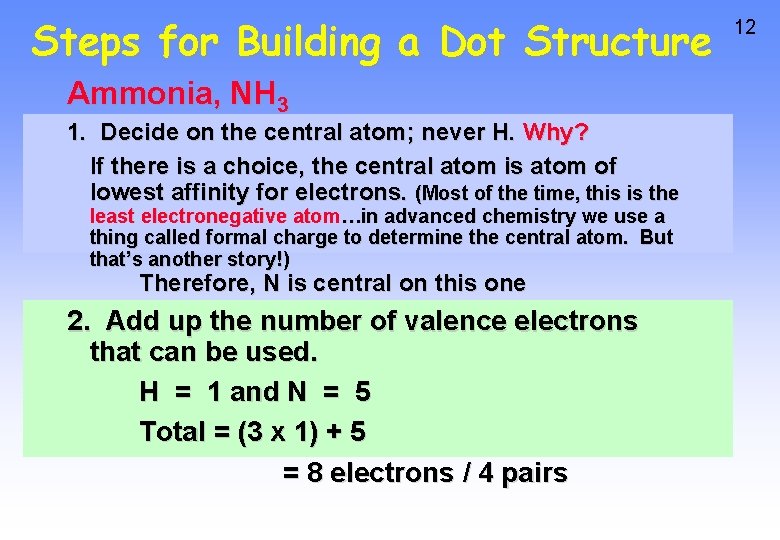 Steps for Building a Dot Structure Ammonia, NH 3 1. Decide on the central