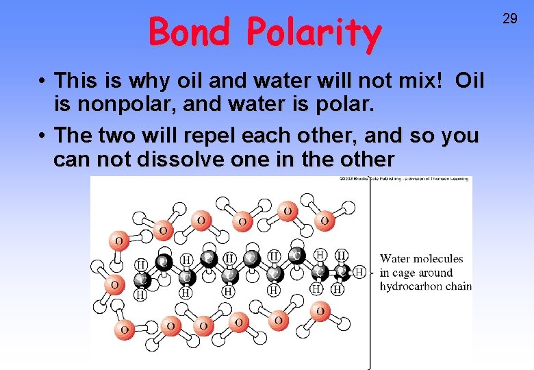 Bond Polarity • This is why oil and water will not mix! Oil is