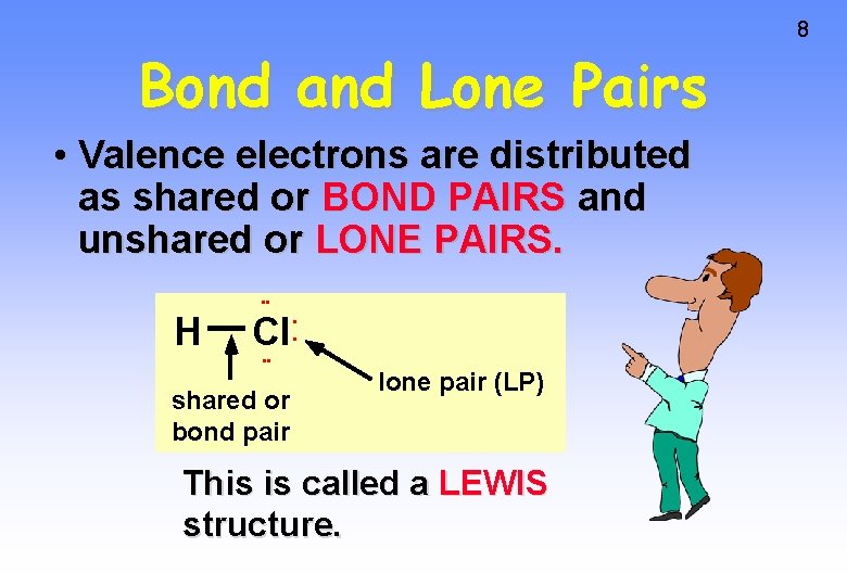 Bond and Lone Pairs • Valence electrons are distributed as shared or BOND PAIRS