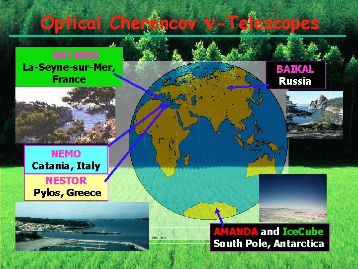 Optical Cherencov ANTARES La-Seyne-sur-Mer, France -Telescopes BAIKAL Russia NEMO Catania, Italy NESTOR Pylos, Greece