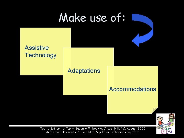 Make use of: Assistive Technology Adaptations Accommodations Top to Bottom to Top -- Suzanne