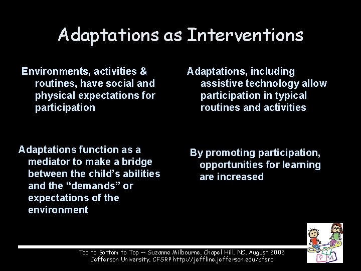 Adaptations as Interventions Environments, activities & routines, have social and physical expectations for participation
