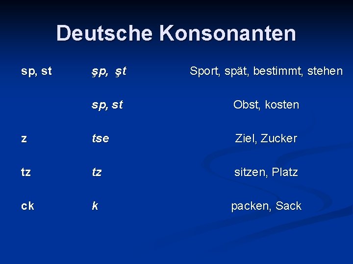 Deutsche Konsonanten sp, st şp, şt Sport, spät, bestimmt, stehen sp, st Obst, kosten