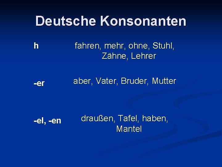 Deutsche Konsonanten h fahren, mehr, ohne, Stuhl, Zähne, Lehrer -er aber, Vater, Bruder, Mutter