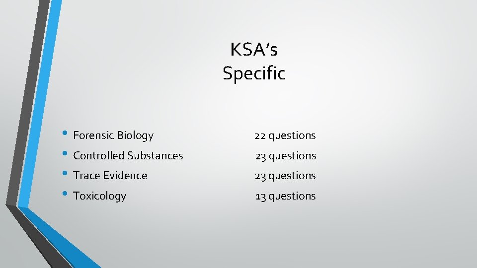 KSA’s Specific • Forensic Biology • Controlled Substances • Trace Evidence • Toxicology 22