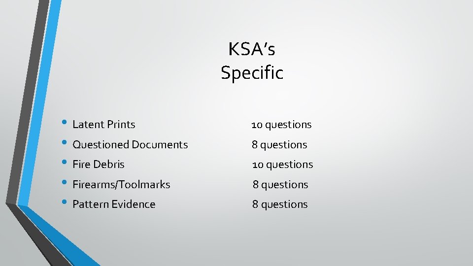KSA’s Specific • Latent Prints • Questioned Documents • Fire Debris • Firearms/Toolmarks •