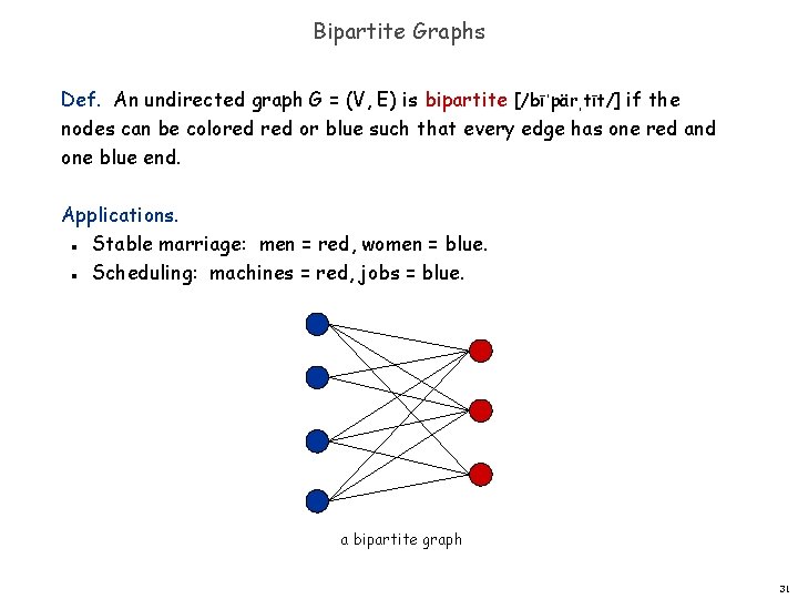 Bipartite Graphs Def. An undirected graph G = (V, E) is bipartite [/bīˈpärˌtīt/] if