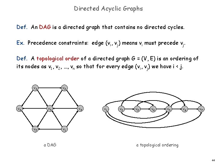 Directed Acyclic Graphs Def. An DAG is a directed graph that contains no directed