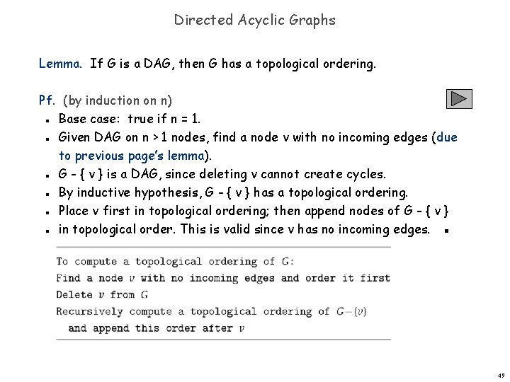 Directed Acyclic Graphs Lemma. If G is a DAG, then G has a topological