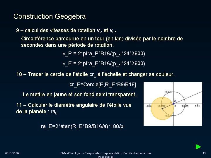 Construction Geogebra 9 – calcul des vitesses de rotation v. P et v. E.