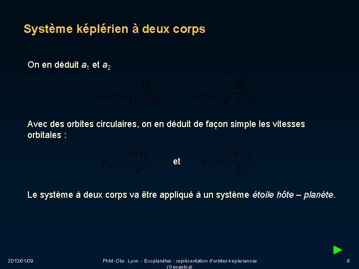 Système képlérien à deux corps On en déduit a 1 et a 2 Avec